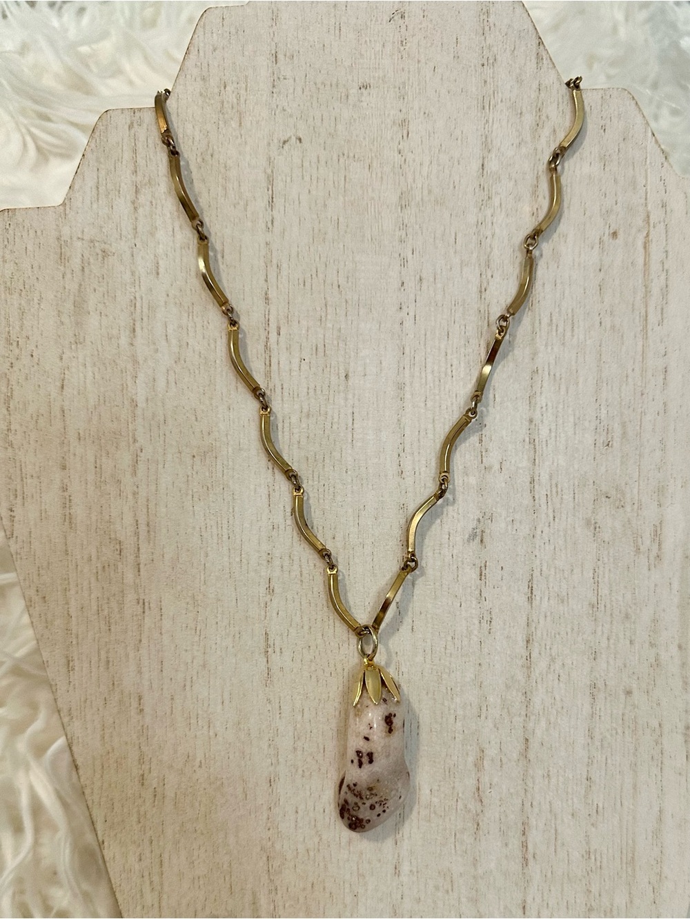 Gold Tone Chain Necklace with Speckled White Stone Pendant